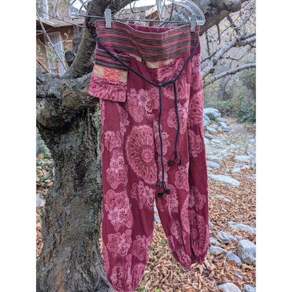 Boho Womens pants- Free-Spirited Pom Pom sash- side pocket ethnic Medium - Picture 1 of 10